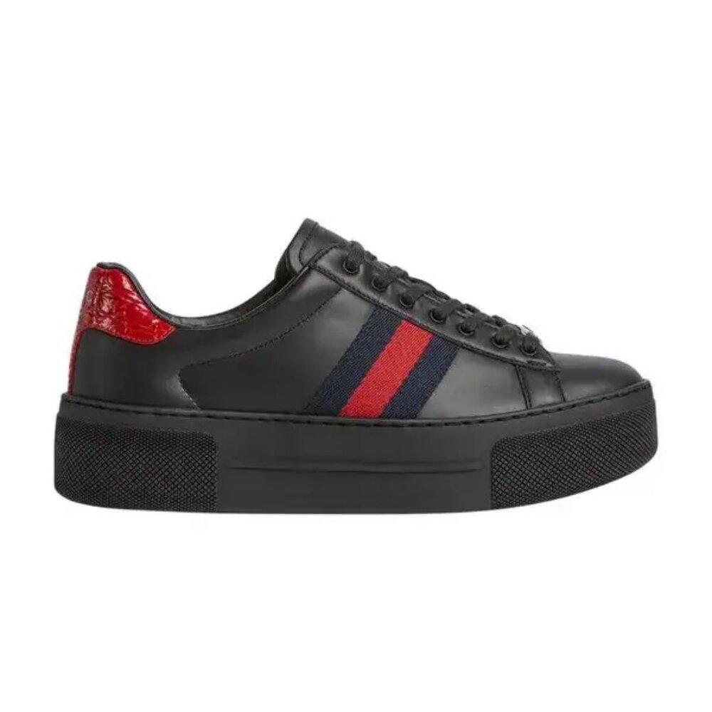 Gucci Ace Platform Sneakers Black Leather Web Stripe Croc Heel Women US 7